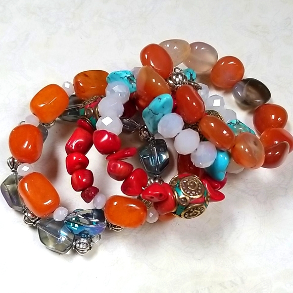 Hand Crafted Boho Beaded Agate, Coral, Turquoise and Amber Wrap Bracelet - Picture 6 of 16
